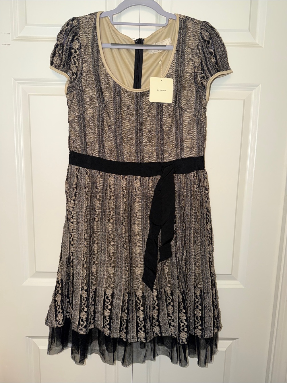 A'Reve Beige and Black Lace Party Dress with Black Sash